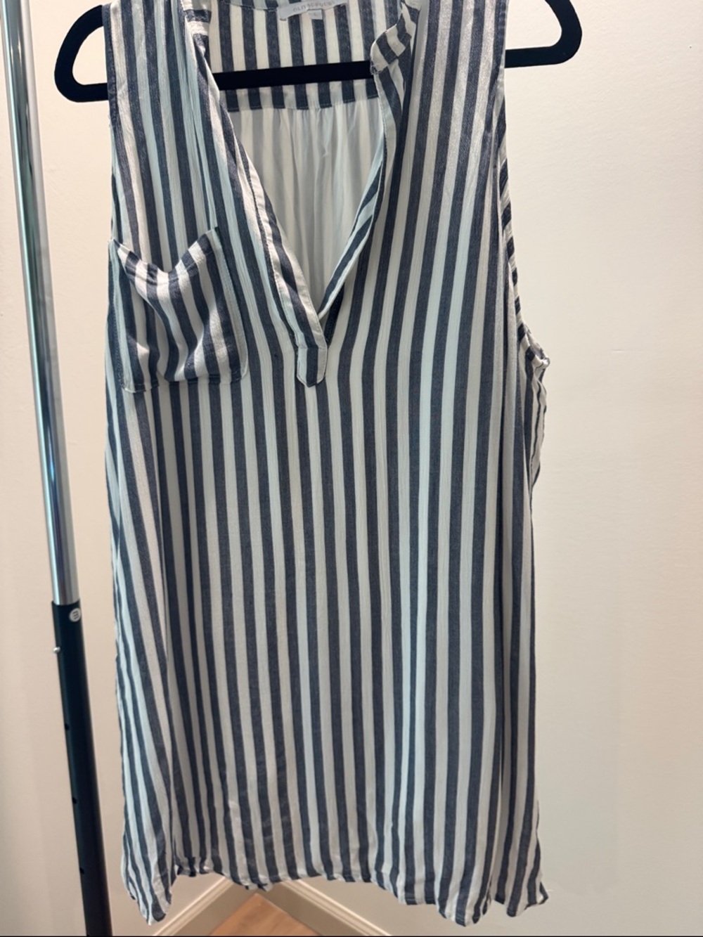 Olivaceous Vertical Stripe Sleeveless V-Neck dress- Navy & White
